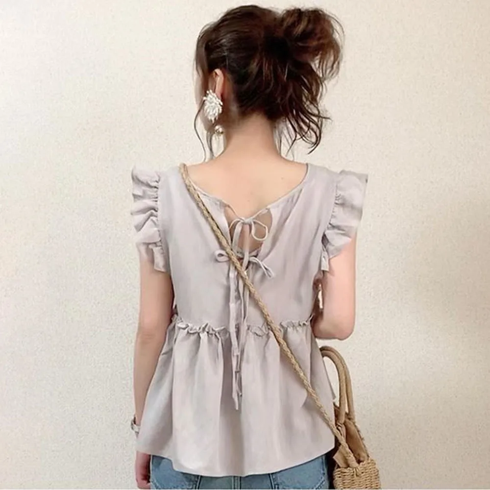 

T-shirt Loose Ruffles Casual Blouse Tops Summer Korea Japan 2021 Lace Up Pullover Plain High Waist Sleeveless Women Shirts