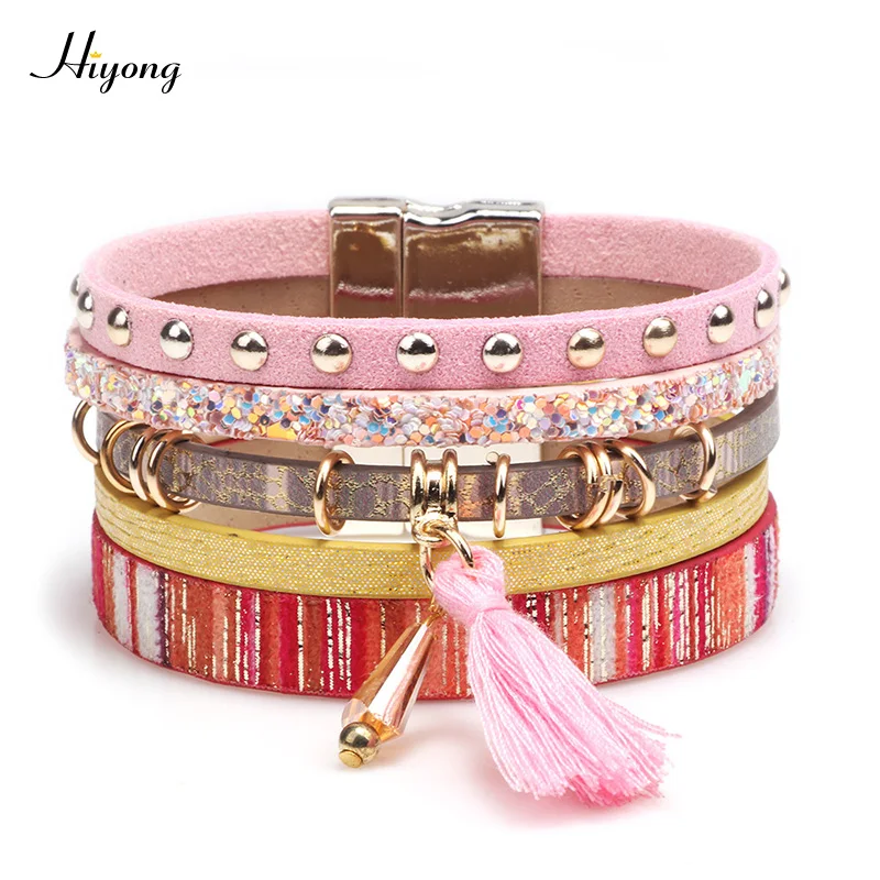 Модный богемный замшевый кожаный браслет многослойный Бохо с кристаллами и