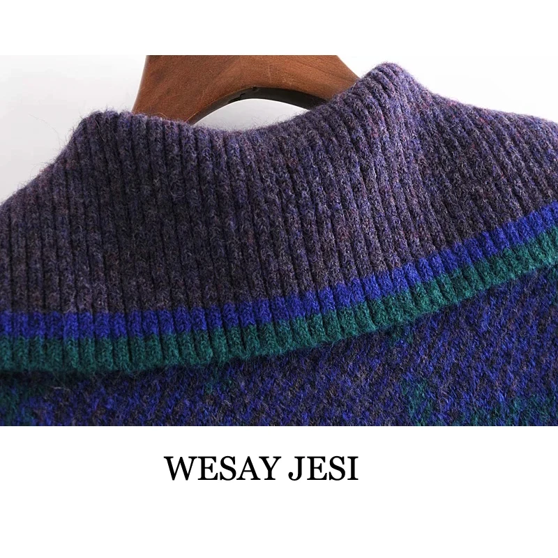 

WESAY JESI Women 2020 Fashion With Ribbed Trim Check Cropped Knitted Sweater Vintage Long Sleeve Female Pullovers Chic Tops