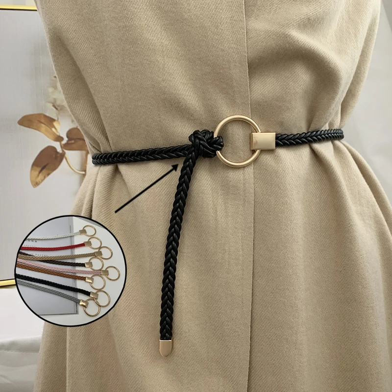 

Women's Hand-woven Thin Belt with Metal Round Buckle PU Leather Solid Color Ladies Belt Fashion Casual Dress Jeans Decoration