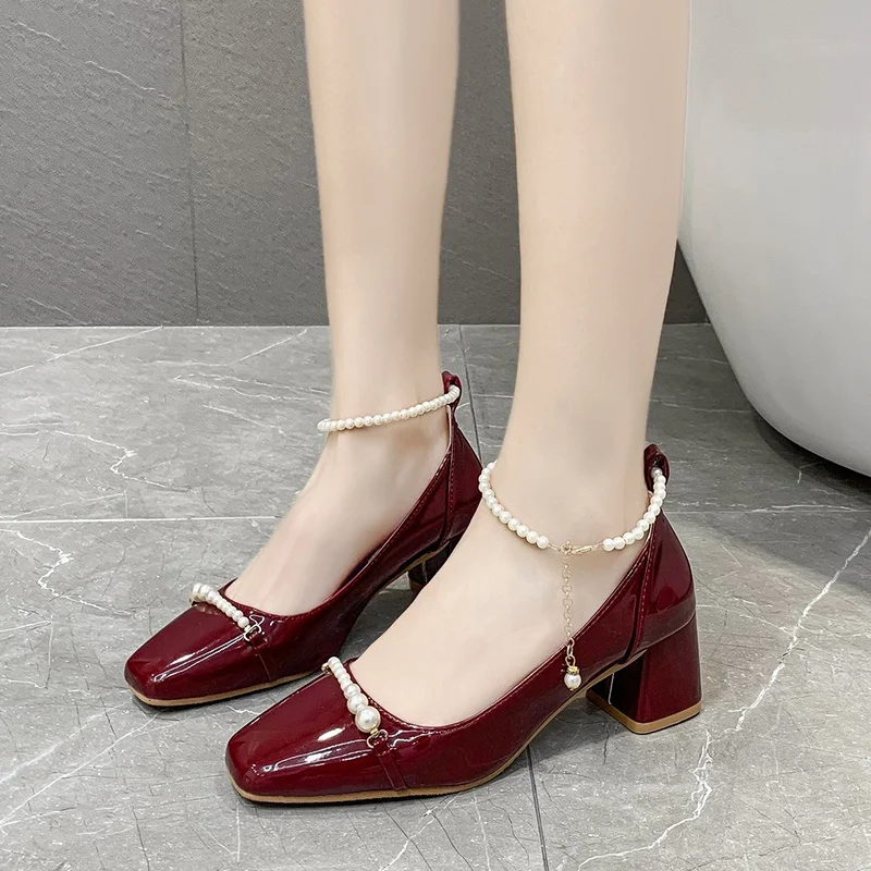 

Classic Style 2021 African Woman Shoe Branded Pumps Slim Heels Chunky Sandals Square Toe Shallow Mouth Latest Burgundy Fashion S
