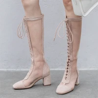 plus size 34 43 fashion women sandals street fashion hollow air mesh square square med heel party lace up knee high summer boots
