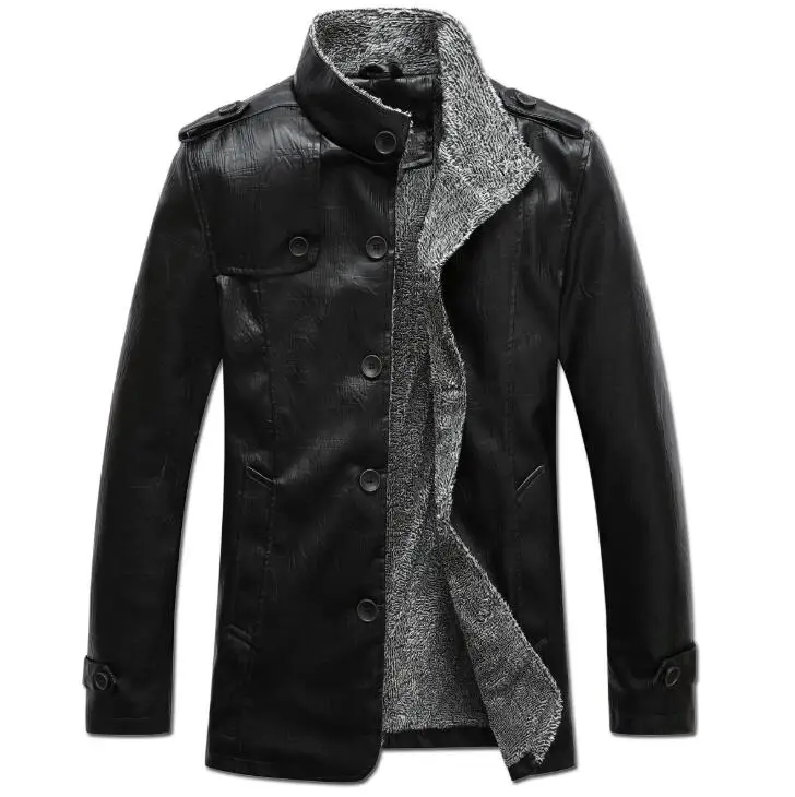 black color Новая мода, мужские зимние топы, длинный рукав, меховой пояс, искусственная кожа, куртка с высоким воротом, овчина, пальто, шерстяная подкладка, куртка-бомбер для мужчин, DB028 - Цвет: black color