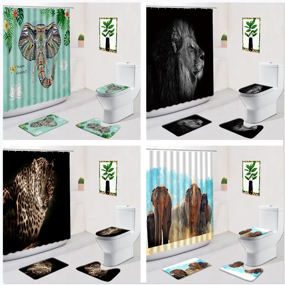 

Lion Elephant Bathroom Set Ethnic-Style Shower Curtain Non Slip Bath Carpets Toilet Cover Mat With Hook Animal Bathtub Curtains
