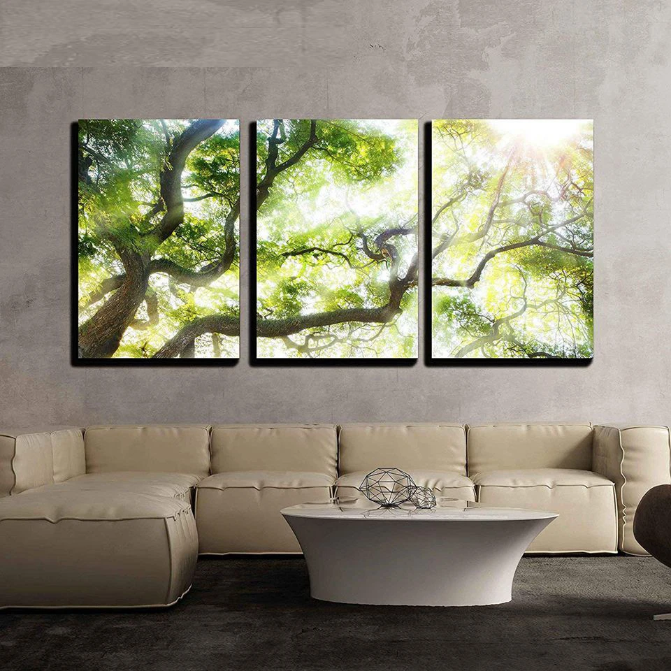 

Home Decor diamond Painting 3 Pieces Green Big Tree With Sunlight full diamond embroidery Triptych Scenery wall Art WW248