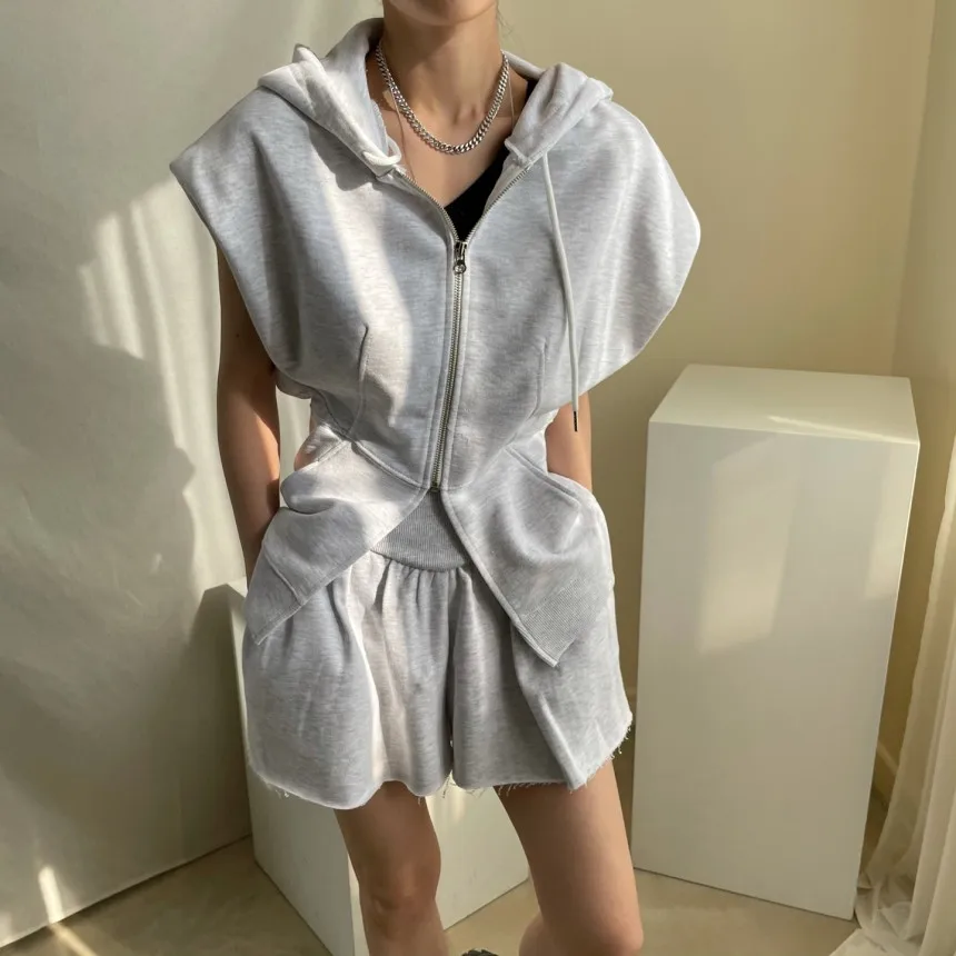 

Korean Blue Leisure Suit Zipper Pullover Short Sleeve Sweatshirts Female 2021 Spring Womens Pleated High Waist Casual Shorts