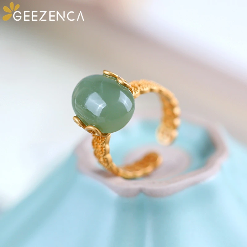 

925 Sterling Silver Gold Plated Oval Jasper Ring For Women Hetian Jade Hollow Craft Ancient Coin Open Rings Fine Jewelry Gift
