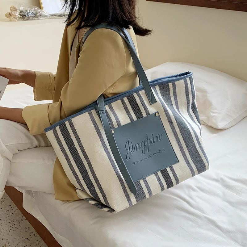 Новые женские холщовые сумки тоуты модные полосатые тканевые женская большая