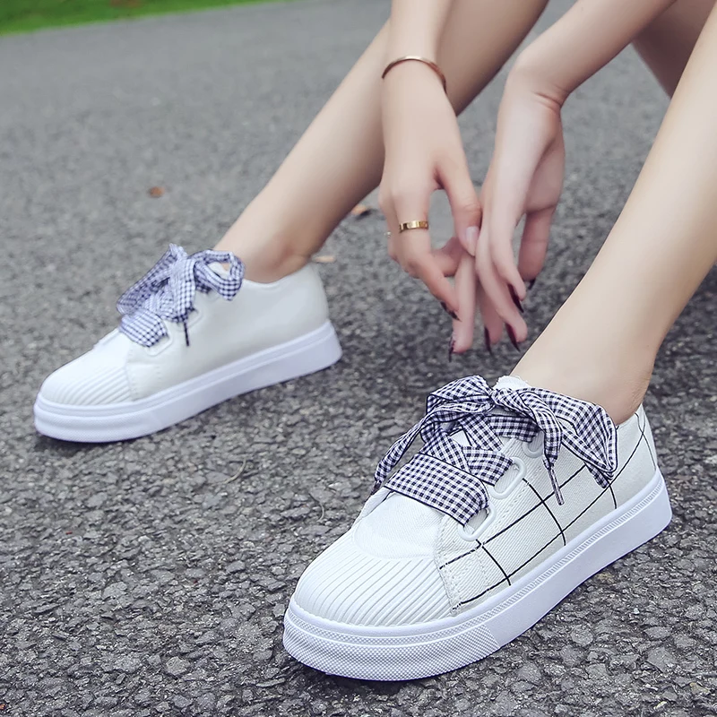 

2021 New Women's Bowknot Lace-up Ladies Shoes Comfortable Rubber Flat Women Casual Vulcanized Shoes Sneakers Zapatillas Mujer
