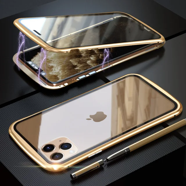 Gold Бронированный Магнитный чехол с металлической рамкой для iPhone 11 Pro Max, двойное закаленное стекло 360, чехол на весь корпус для iPhone 11 Pro Max 11pro Funda - Цвет: Gold