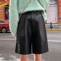 new 2020 autumn winter high waist pu leather bermuda shorts women wide leg loose pocket plus size womens shorts hot sale