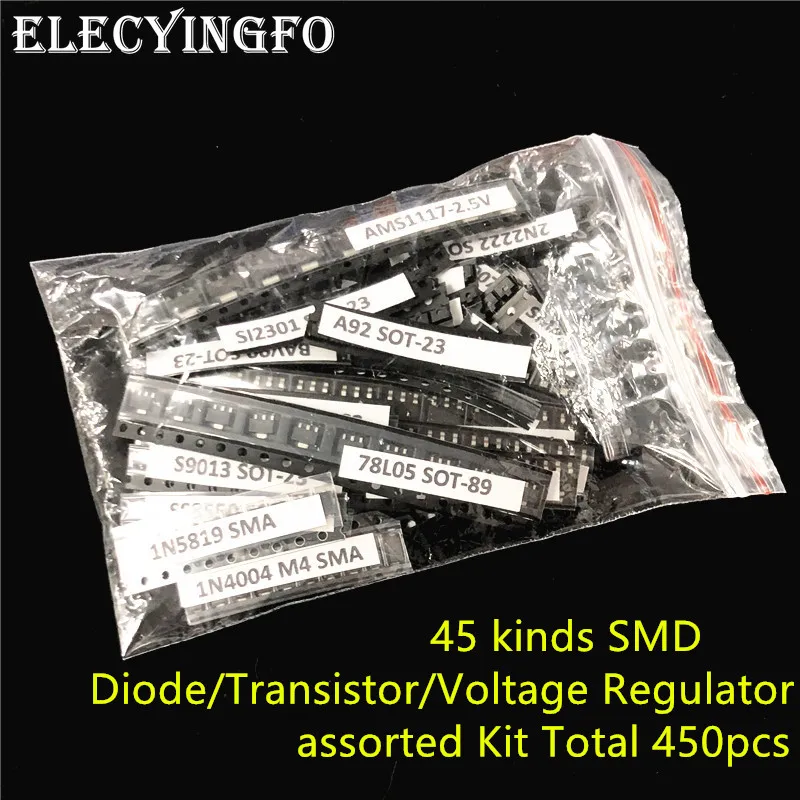 

45 kinds x10 450pcs of commonly used SMD Diode Transistor Voltage Regulator mixed Electronic component assorted Kit
