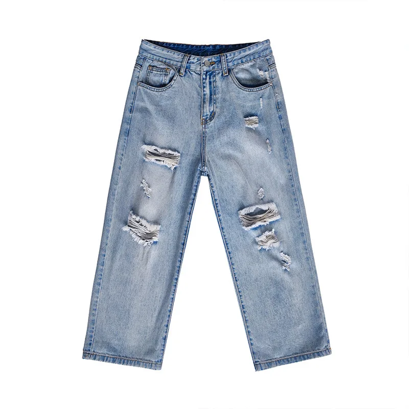 

Ripped Hole Washed Jean Pants High Street Straight Frayed Jeans for Men Casual Denim Pants Harajuku Baggy Oversize Trousers