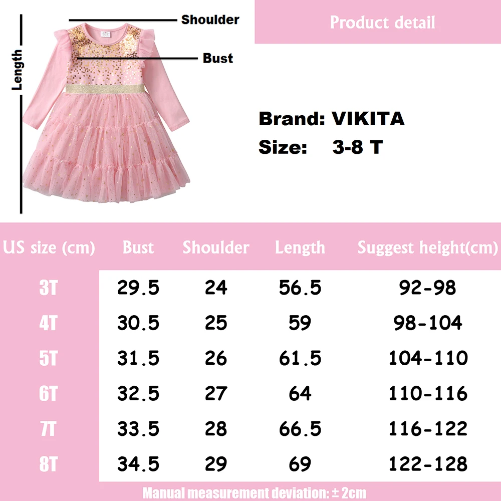 VIKITA Kids Dress for Girl Cake Layered Mesh Tulle Princess Dress Children Casual Clothing Wedding Party Gown Sequins Costumes