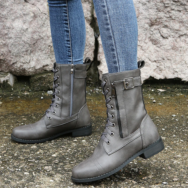 

Women's Boots Lace-up Zipper Retro Women's Shoes Outdoor Non-slip Warm Martin Boots Comfortable Casual Shoes Square Root Boots