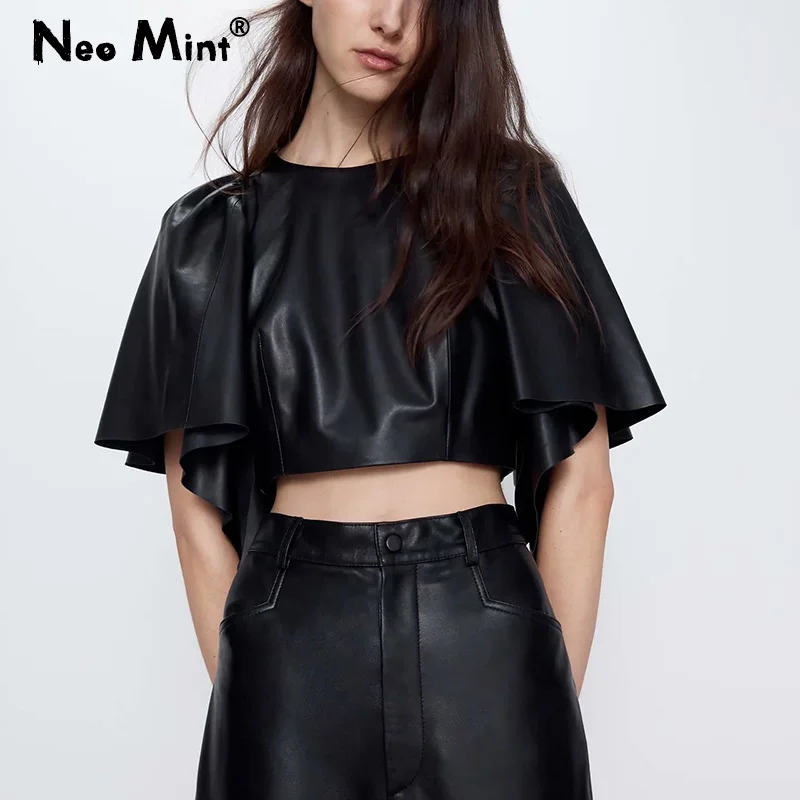 Укороченный женский топ шикарная модная черная футболка из искусственной кожи