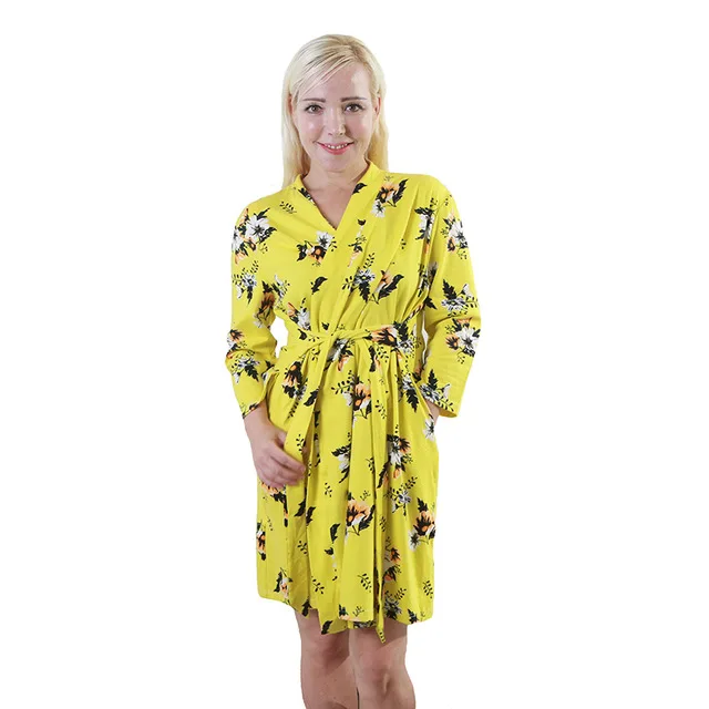 Yellow Flowers Пижамы для беременных; Пижама-кимоно с цветочным принтом; кардиган с длинными рукавами; халат для беременных; хлопковая ночная рубашка; одежда для сна для кормящих мам - Цвет: Yellow Flowers