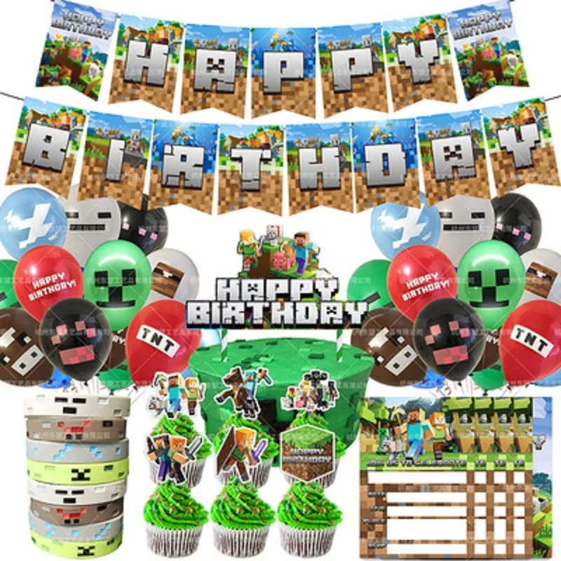 

mine theme party decoration set pixel Latex Bracelet CREEPER figure balloon flag invitation cake card birthday toy