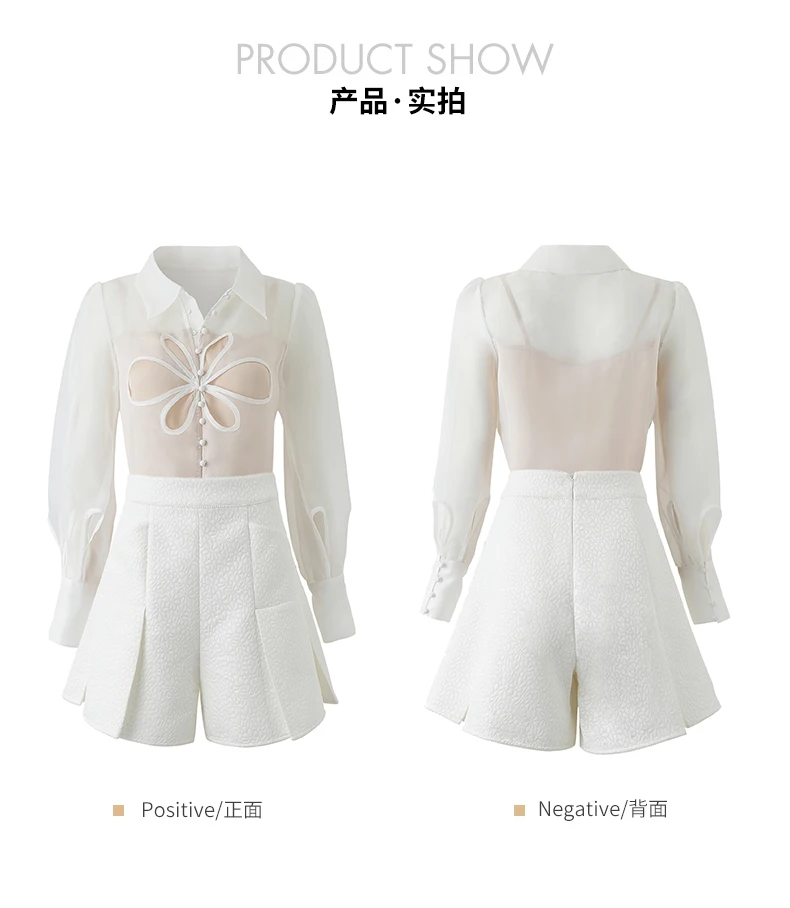 he new 2021 Spring and autumn collection features an organza shirt, slimming shorts, and age reducing suit