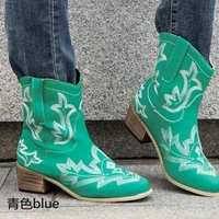 long boots women boots short western cowboy boots autumn and winter retro mid heel shoes thick heel embroidery boots