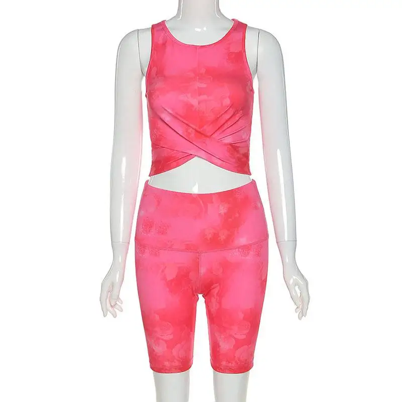 

ZITY Tie Dye Bodycon Tracksuit Sexy Two Piece Set Women Fitness Clothing Biker Shorts With Crop Top Summer
