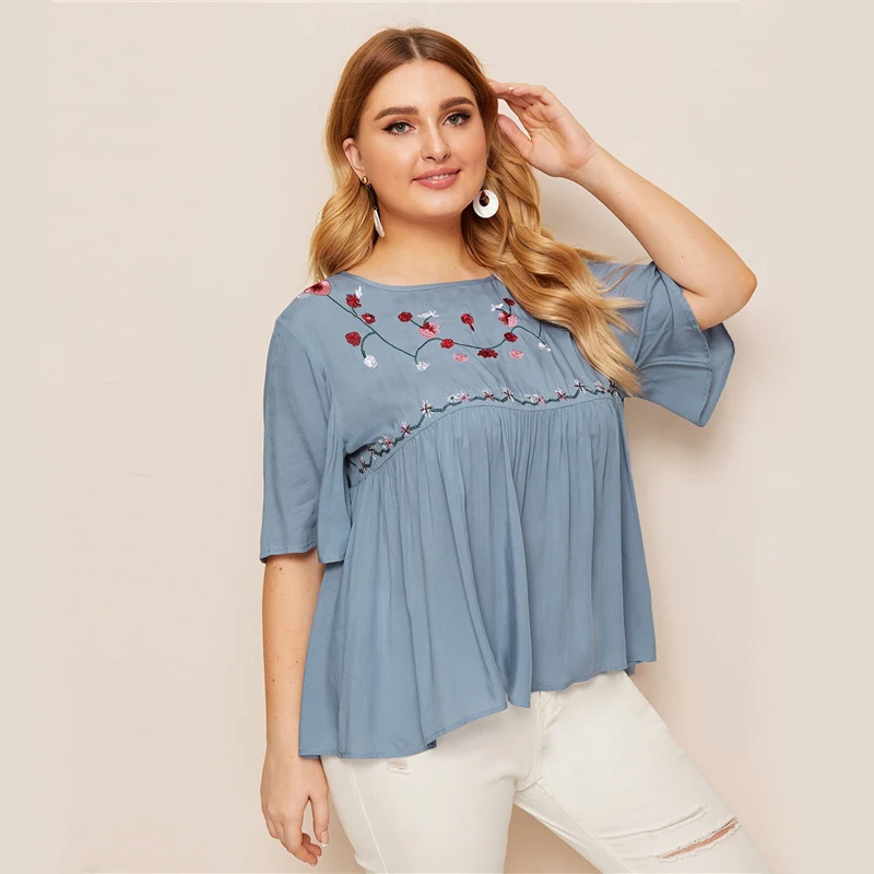 Dotfashion/женская блузка с вышивкой спереди, большие размеры,, Осенние повседневные блузки с открытыми плечами, топ с оборками