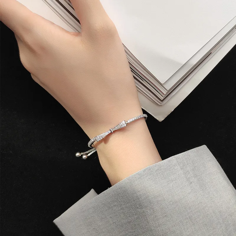 S925 Sterling Silver Fashion Bowknot Adjustable Bracelets 2021 New Shining Zircon Women Statement Jewelry Best Friend Gifts |