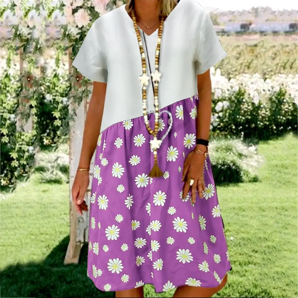 

Fashion Enthusiasm Style Marguerite Printed Splicing V-neck Short Sleeve Women Casual Loose Dress