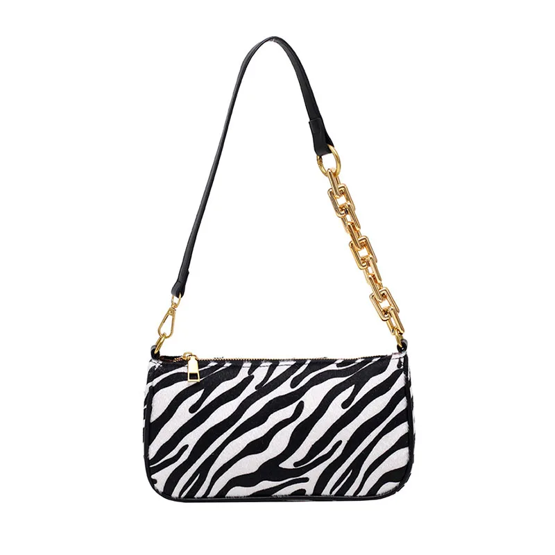 

Zebra Pattern Design Chain Velour Shoulder Bags for Women Winter Fashion Wild Leopard Handbags Trend Branded Female Armpit Bag