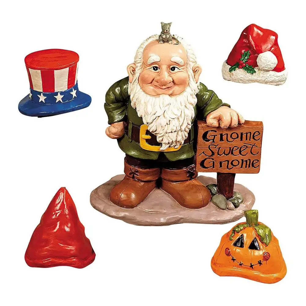 

Garden Gnome Statue Funny Gnomes Figurine Decoration With 4 Hats Painted Resin Gnome Sculpture Ornament Decor For Yard Lawn Pa