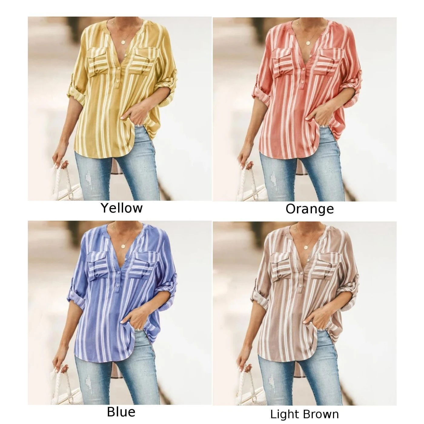 Женская блузка с v-образным вырезом и карманами Повседневная рубашка длинным