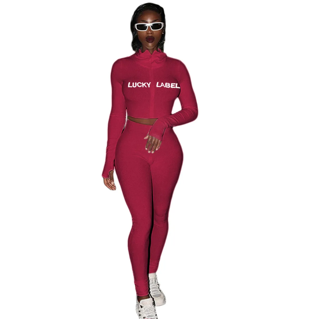 

Solid color Turtleneck Sport Wear Casual Two-piece Suit Women Letter Embroidery Skinny Sexy Playsuit Female Fitness Rompers