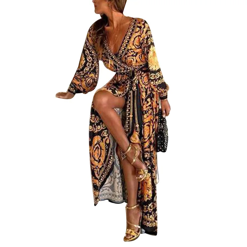

New Bohemian V-neck positioning flower swing Long Sleeve Dress