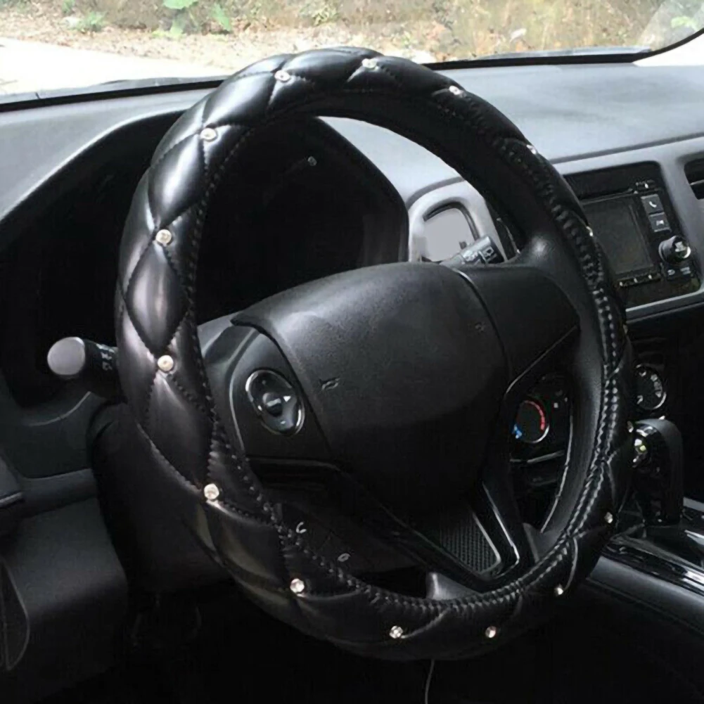 

38cm Luxury Crystal Crown Studded Rhinestone PU Leather Car Steering Wheel Cover