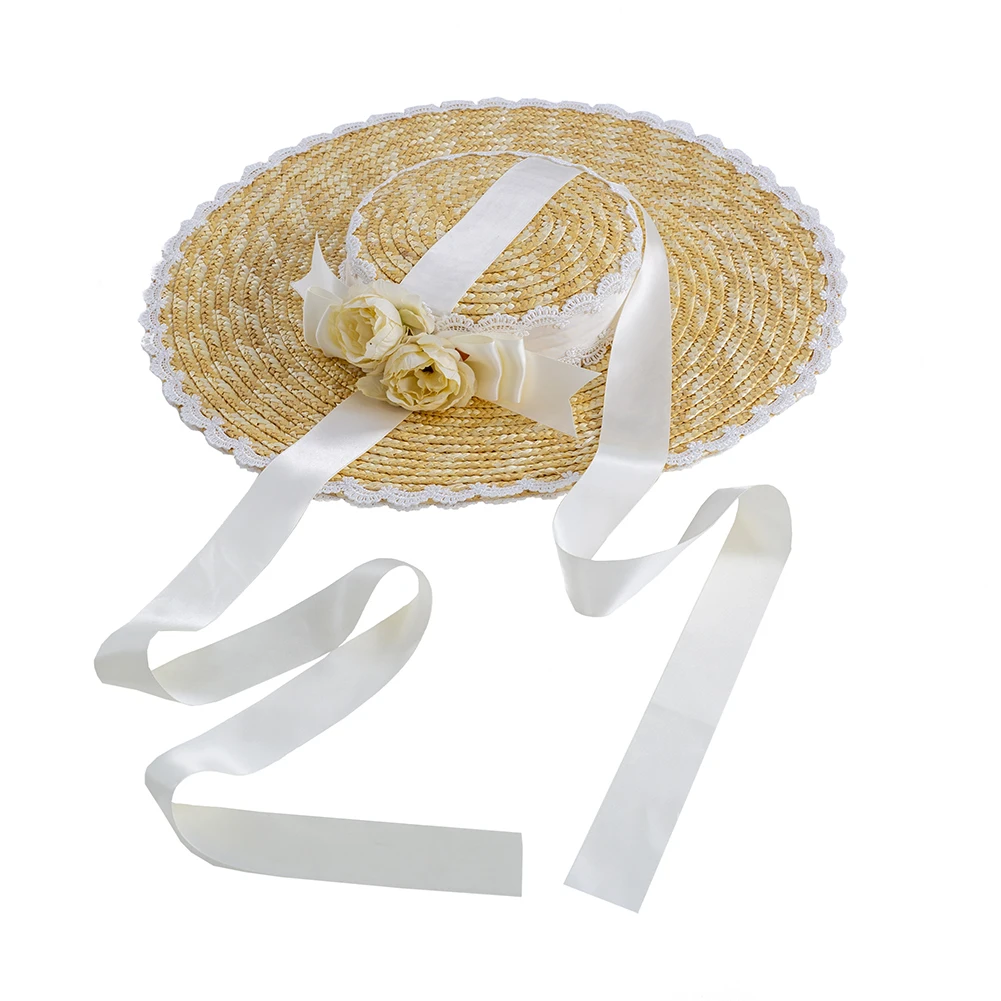 

Sweet Straw Lolita Hat Women Handmade Afternoon Tea Wide Brim Pastoral Cap Ribbon Florwer Sun Hats