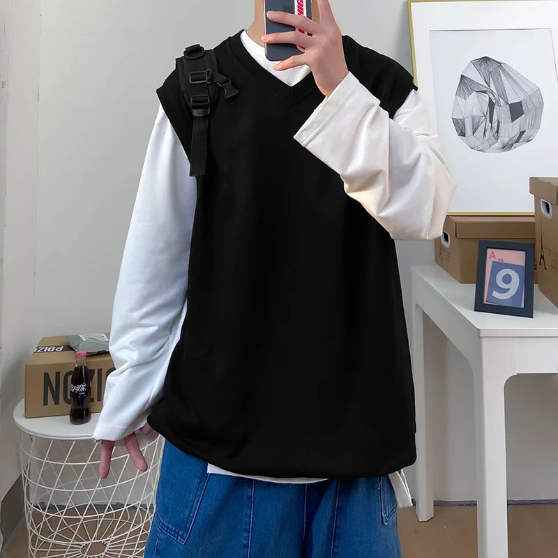 

Autumn and winter new style young men's fashion V-neck solid color loose large size men's casual vest trend
