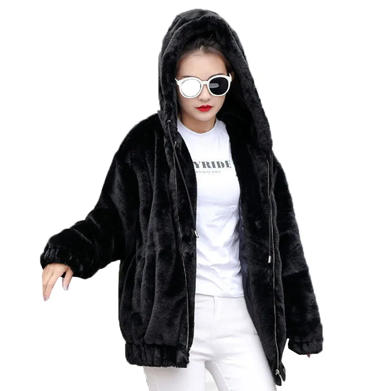 

2021Winter New Loose Plush Ladies Jacket Long Sleeve Plus Velvet Thickening Imitate Rabbit Fur Mid Long Hooded Women's Outerwear