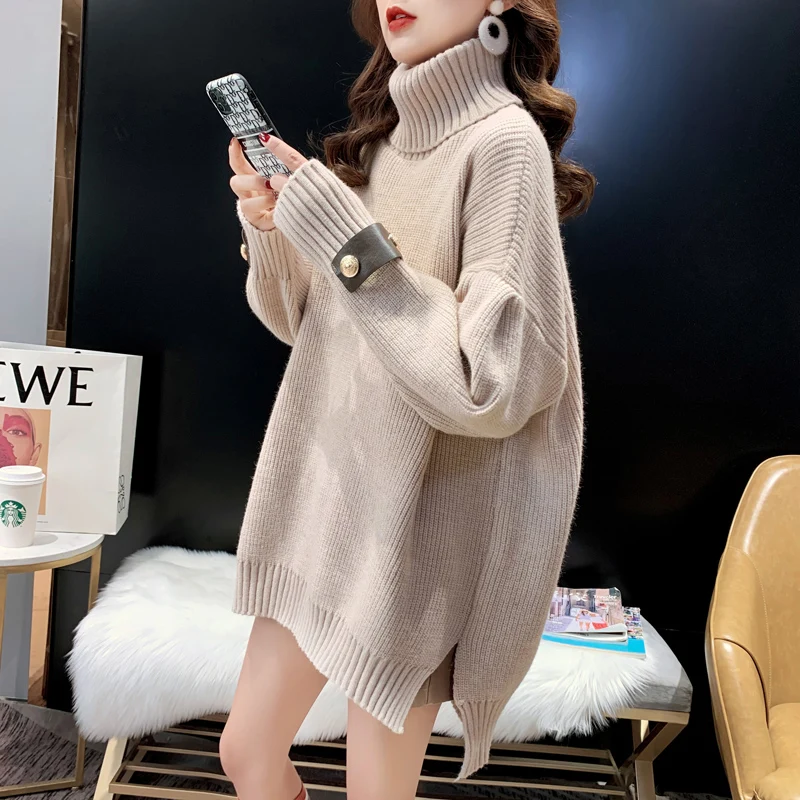 

2020 Autumn Winter New Turtleneck Warm Sweater Pullovers Female Button Up Thicken Casual Women Korean Snow Knitted Jumpers Z902