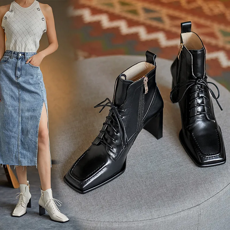 spesifikasi Asumer Sepatu Kulit Asli Model Baru 2021 Sepatu Bot Wanita Dengan Tumit Persegi Berenda Untuk Musim Gugur Musim Dingin Warna Hitam