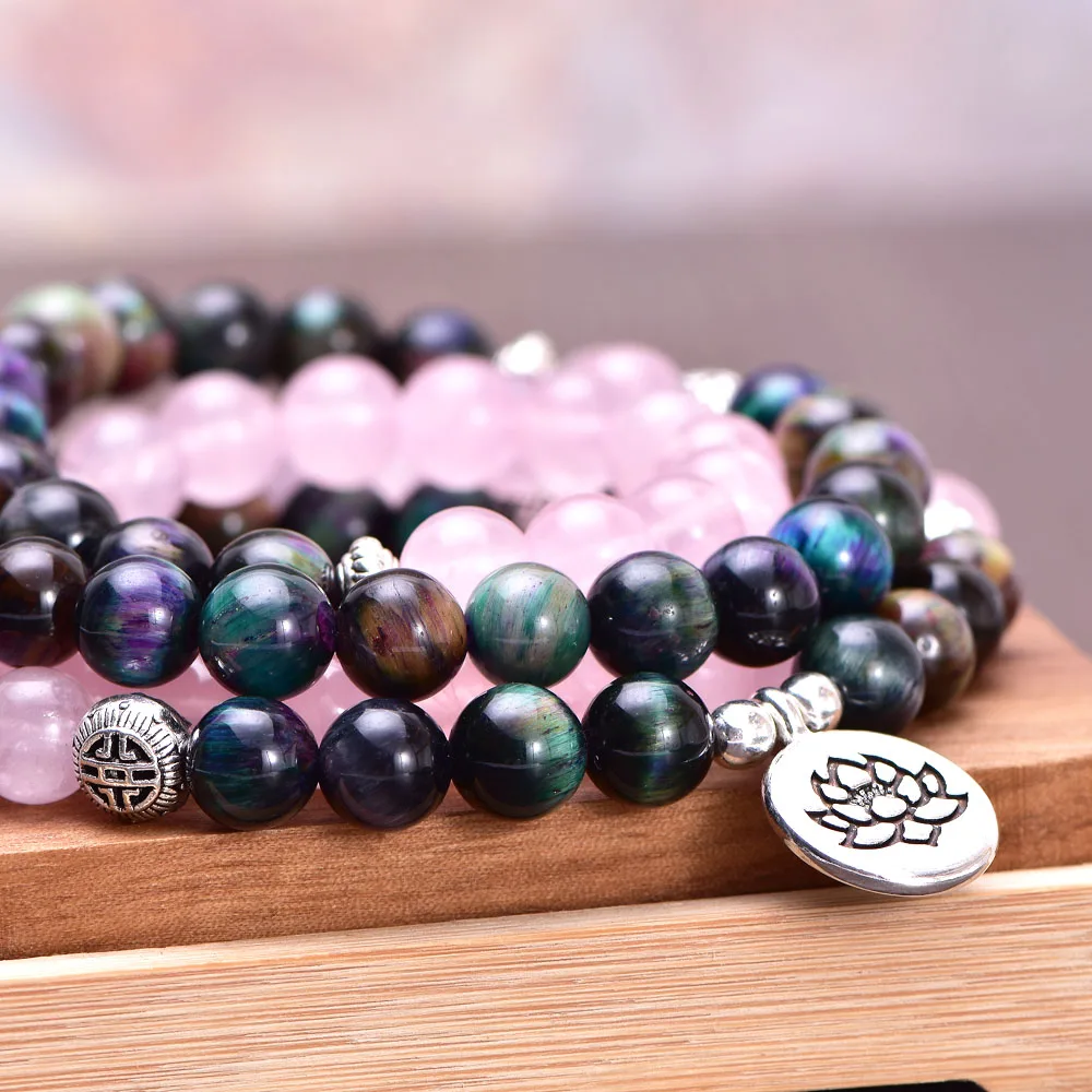 

Stacked Galaxy Tiger Eye Onyx Rose Quartz Grounding Stretch Bracelet 108 JapaMala Bracelet Buddhist Healing Protection Jewelry