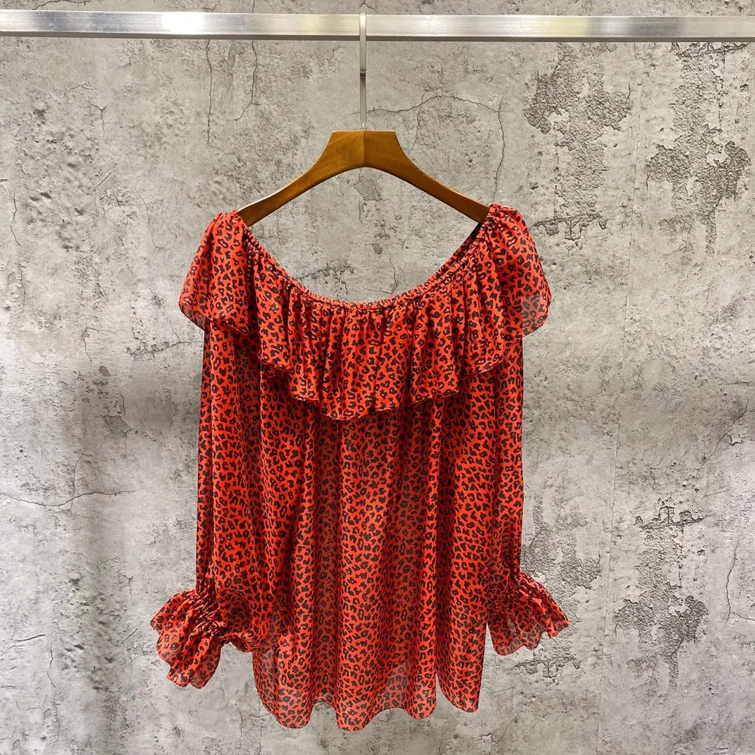 

2021 Summer Fashion Women Sexy Tube 100% Silk Red Leopard Print Top Lady Lantern Sleeve Slash Collar Blouse Chic Mujer Shirt