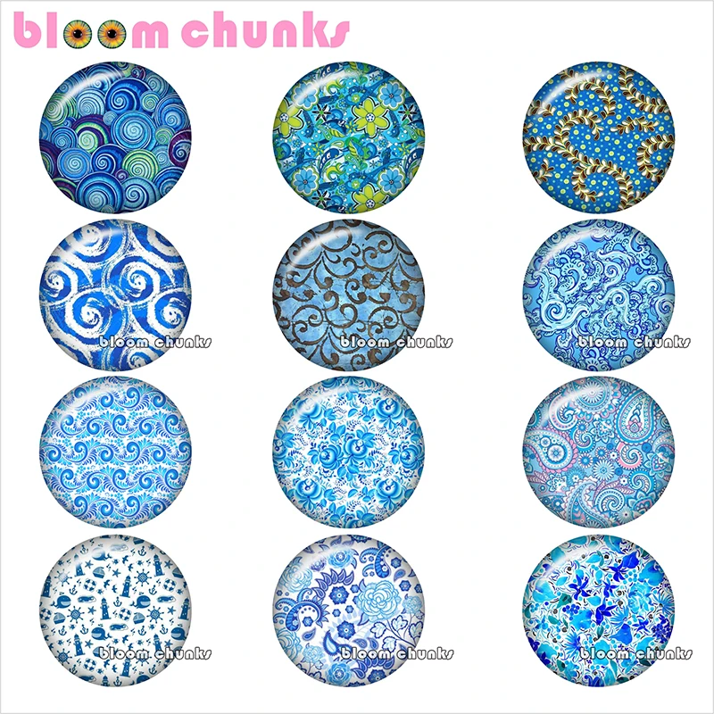 

Pretty flower blue Retro pattern Round photo glass cabochon demo flat back Making findings 12mm/18mm/20mm/25mm A8345