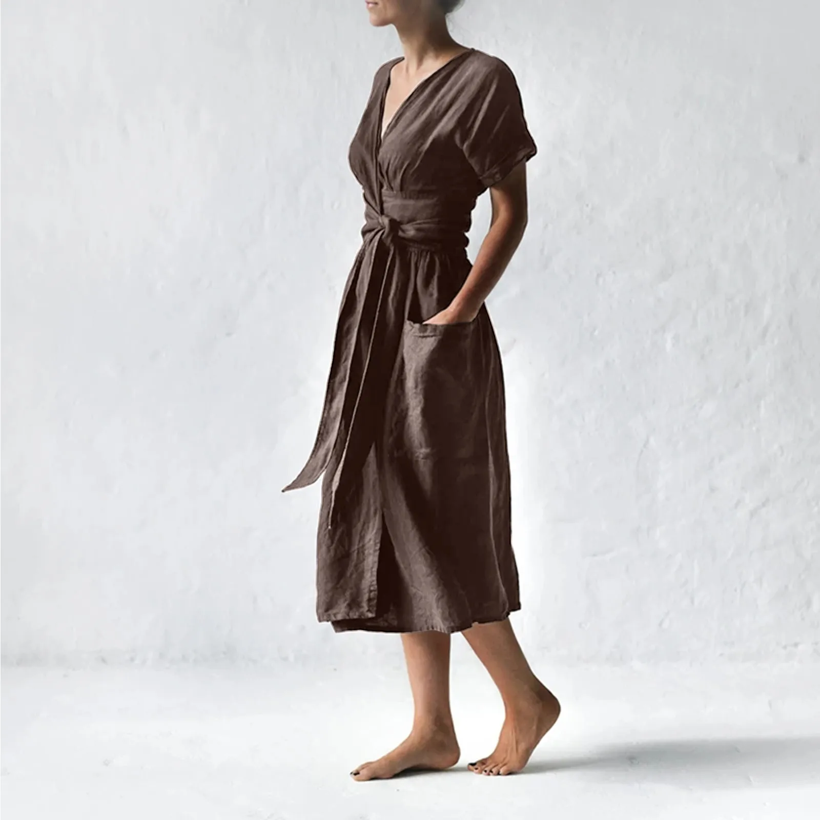 

Fashion Elegant Black High Waist Maxi Dresses Women Casual Solid V-neck Pocket Short Sleeve Dress Basic Daily Long Dress