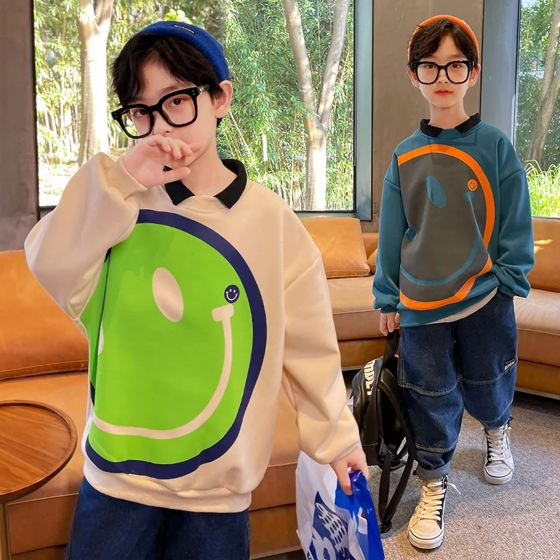 

Autumn And Winter Children's Sweatshirt Boys Fashion Cartoon Smiley Print Plus Velvet Padded Jacket Blue Beige Cotton Pullover