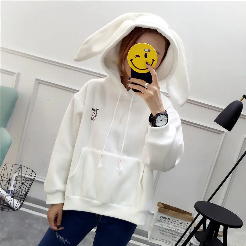 Женская толстовка с вышитыми заячьими ушками, Harajuku Kawaii, розовые толстовки, милые женские флисовые теплые пуловеры с капюшоном, свободные топы