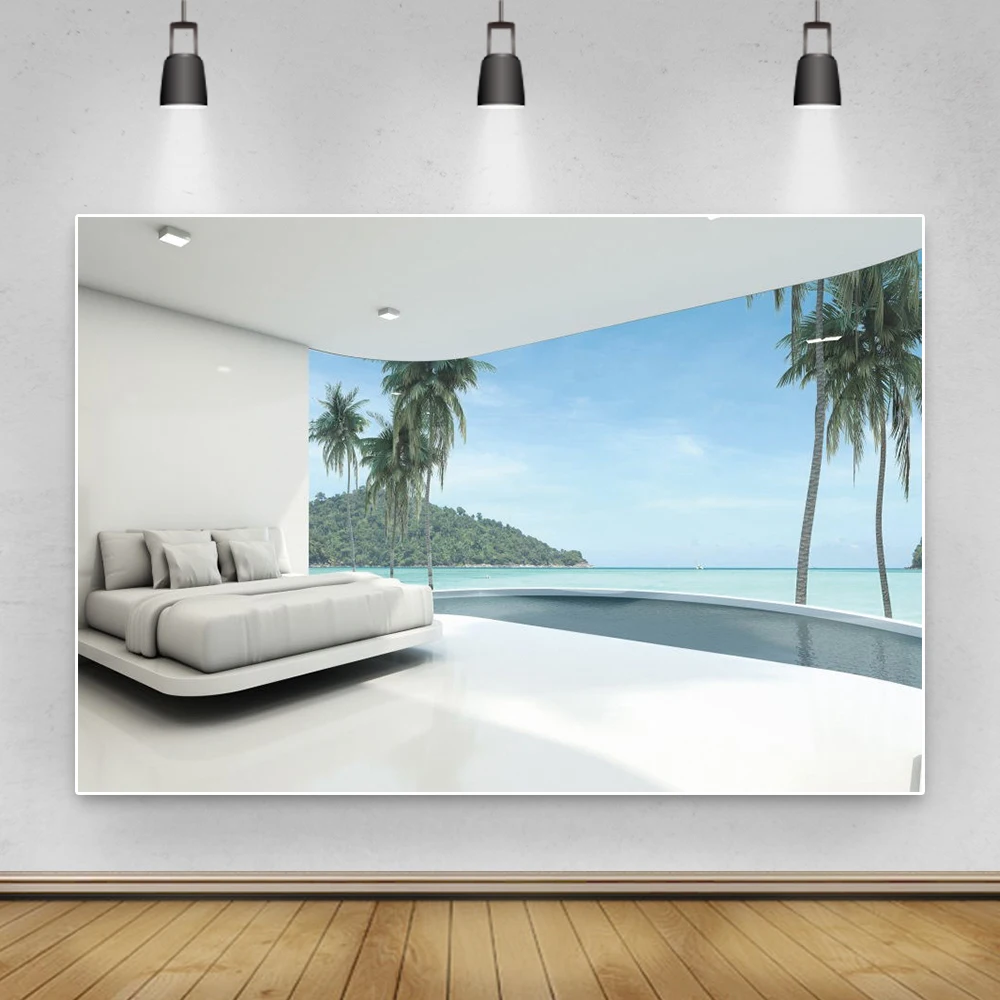 

Leacco Summer Seaside Photographic Backdrops Bed House Scenery Sky Tree Mountain Portrait Photographic Backgrounds Photo Studio