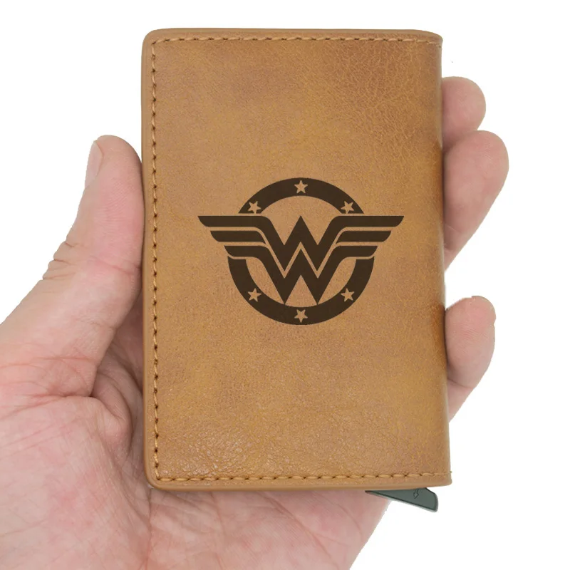 Новые поступления, модные Wonder Woman Rfid держатель для карт, мужские и женские кошельки, коричневые винтажные короткие кошельки, кожаные тонкие кошельки, мини кошелек