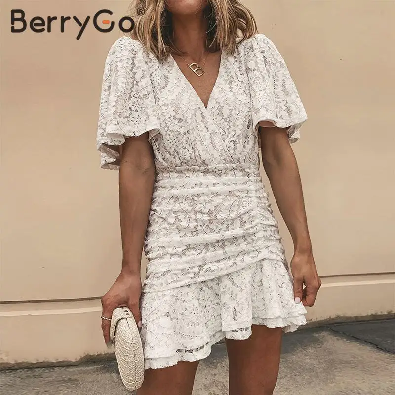 BerryGo летнее кружевное платье трапециевидной формы для женщин, шикарное дамское весеннее праздничное платье на завязках, сексуальное хлопковое короткое платье с v-образным вырезом и цветочным рисунком белого цвета