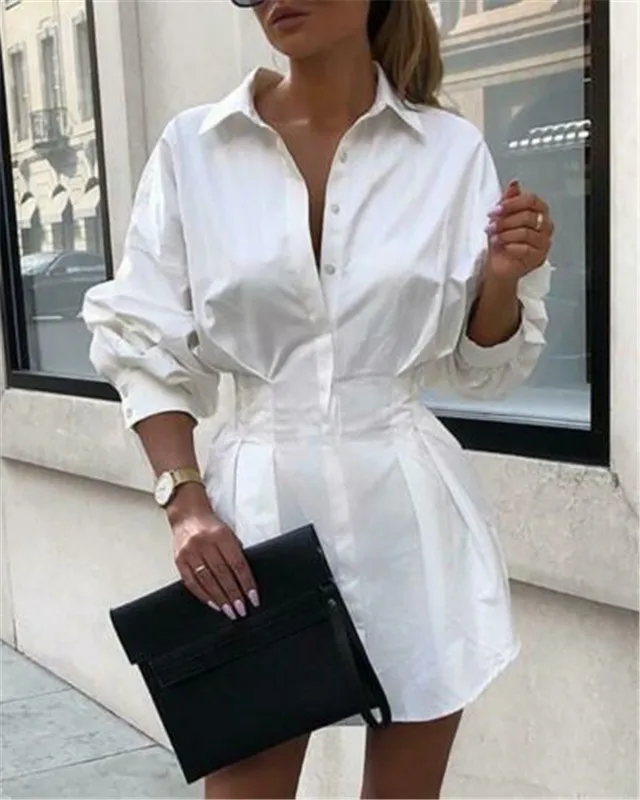2019 Women Long Sleeve Turn-down Collar Shirt Dress Ladies Elegant Office Business White Mini Plus Size | Женская одежда