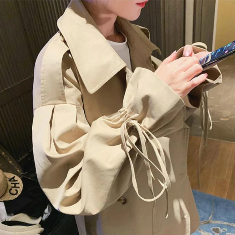 

Women Trench Sashes Bat Sleeved Pleated Turn-down Collar Female Double Breasted Sweet Lovely Loose All-match Leisure Chic Coats